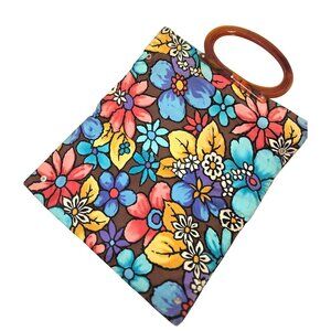 Vintage Lady's Pride 1970s Floral Satin Tote Bag With Lucite Handle